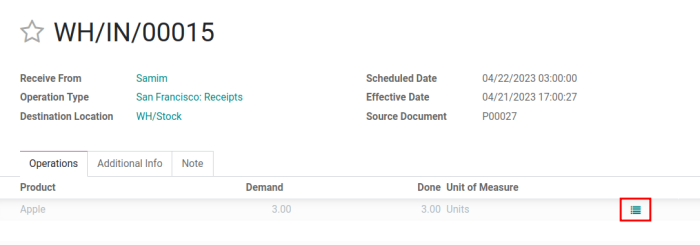 Click Detailed Operations button on the right of warehouse transfers page to the right of the WH reception document.
