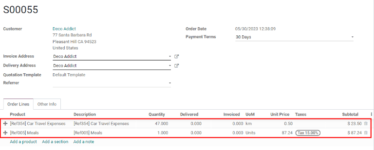 Create and confirm the sales order with the expenses listed as products.