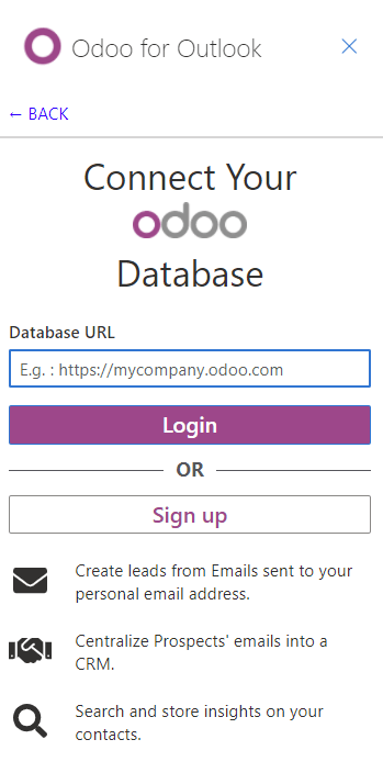 Connection to an Odoo database from the Outlook extension
