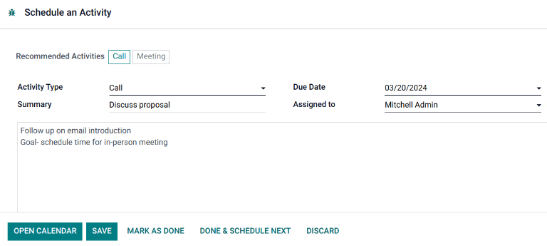 Schedule an activity pop-up window with recommended activities.