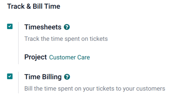 The settings page of a Helpdesk team with the track and bill time settings enabled.