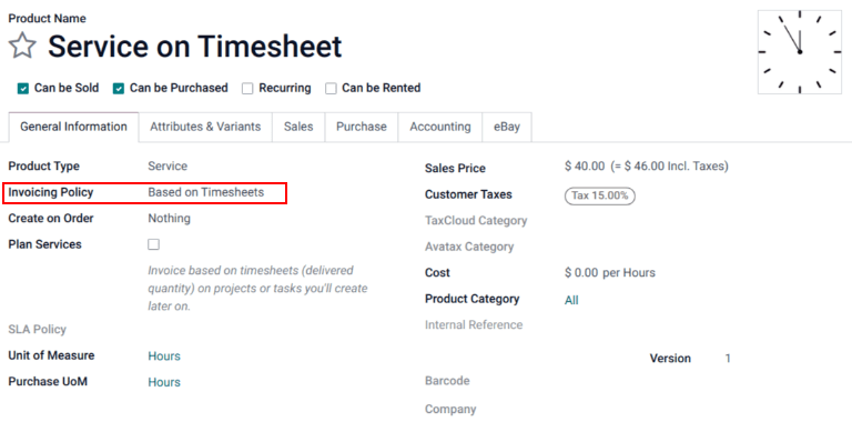 The Service on Timesheet product with emphasis on the invoicing policy field.