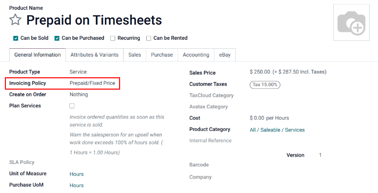 The Service on Timesheet product with emphasis on the invoicing policy field.