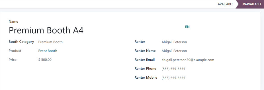 Typical booth form in the Odoo Events application.
