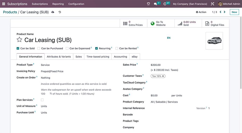 A basic subscription product form in Odoo Subscriptions application.