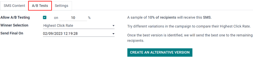 Het tabblad A/B-tests bevindt zich op een campagneformulier van Odoo's SMS-Marketing app.