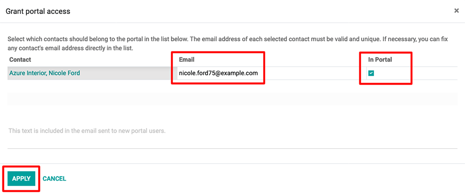 Een e-mailadres moet worden ingevuld en het overeenkomende selectievakje moet worden aangevinkt voor het contact voordat een portaaluitnodiging kan worden verzonden.
