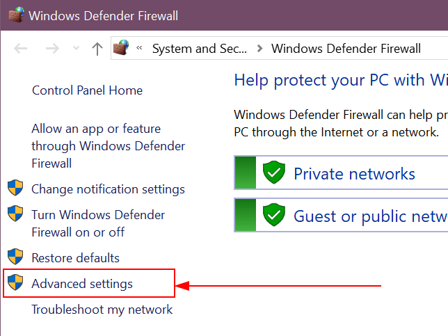 Geavanceerde instellingen in het linkerdeelvenster van de Windows Defender Firewall app.