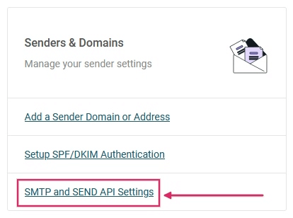 SMTP en Send API Settings link in de Senders & Domains sectie van Mailjet.