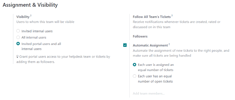 Weergave van de instellingenpagina van een Helpdeskteam met de nadruk op de toewijzings- en zichtbaarheidsfuncties in Odoo Helpdesk