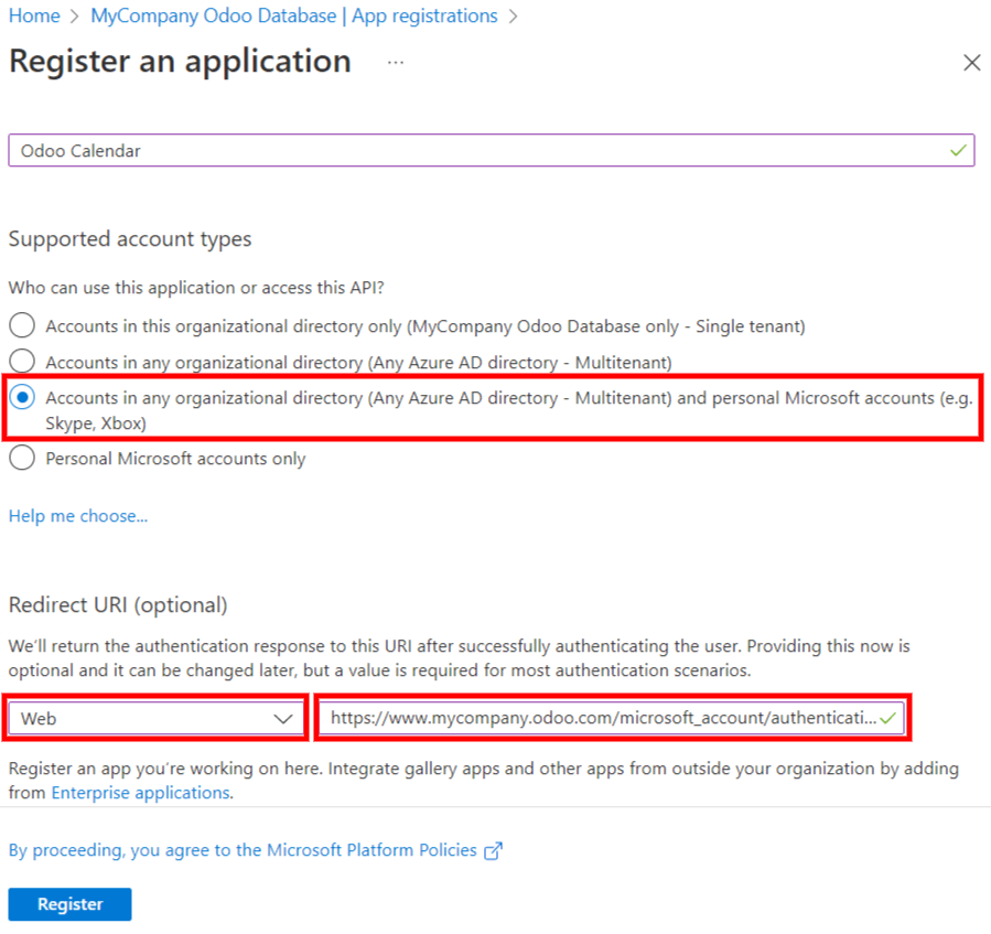 De instellingen "Ondersteund accounttype" en "Redirect URI" in de Microsoft Entra ID portal.