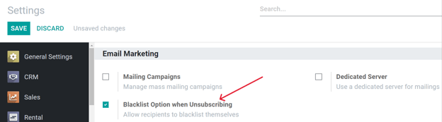 Weergave van de blacklist functie in de instellingenpagina van Odoo's E-mailmarketing app.