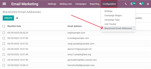 Weergave van de pagina Op de blacklist geplaatste e-mailadressen in Odoo E-mailmarketing.