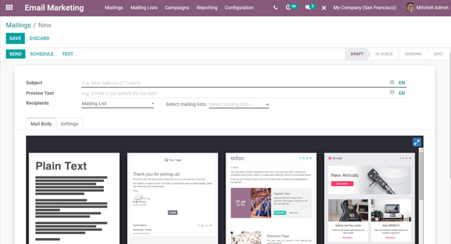 Weergave van een leeg e-mailformulier in Odoo's E-mailmarketing applicatie.