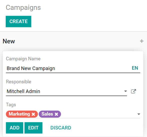 Weergave van het pop-upvenster campagnes in Odoo E-mailmarketing.