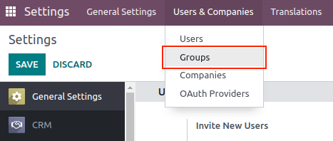 Groepen menu in de Gebruikers & Bedrijven sectie van de Instellingen app van Odoo.