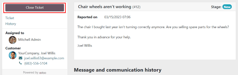 Klantweergave van het sluiten van een ticket in Odo Helpdesk.