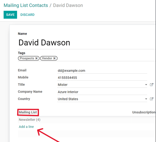 Weergave van een contactformulier met het tabblad mailinglijst in Odoo E-mailmarketing.