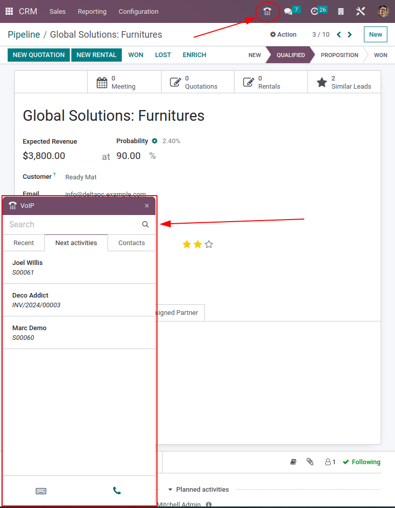 Weergave van CRM-leads en de mogelijkheid om een activiteit voor Odoo Discuss in te plannen.