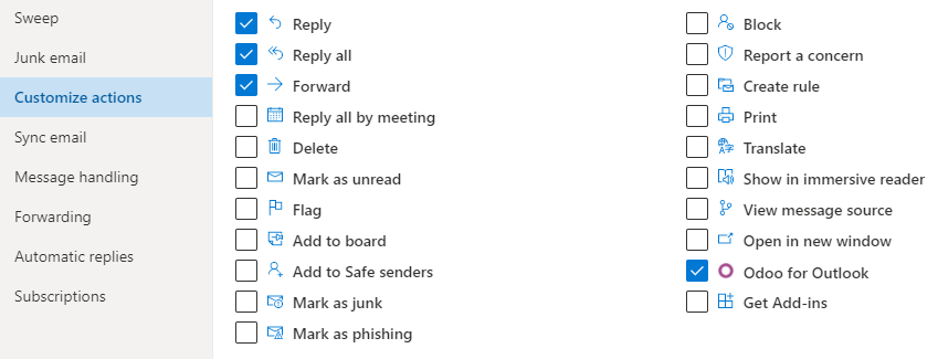 Odoo voor Outlook aangepaste actie