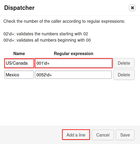 Dispatcherconfiguratiepaneel, met naam, reguliere expressie en een gemarkeerde regel.