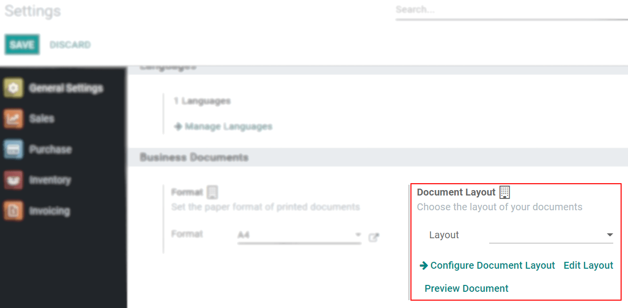 Weergave van de instellingenpagina met de nadruk op het veld Document lay-out in Odoo