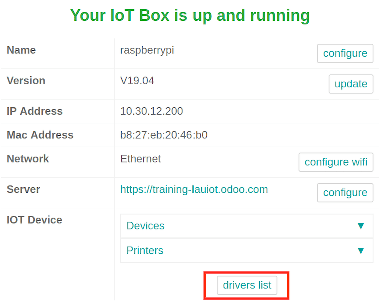 Weergave van de IoT box instellingen en driverlijst.