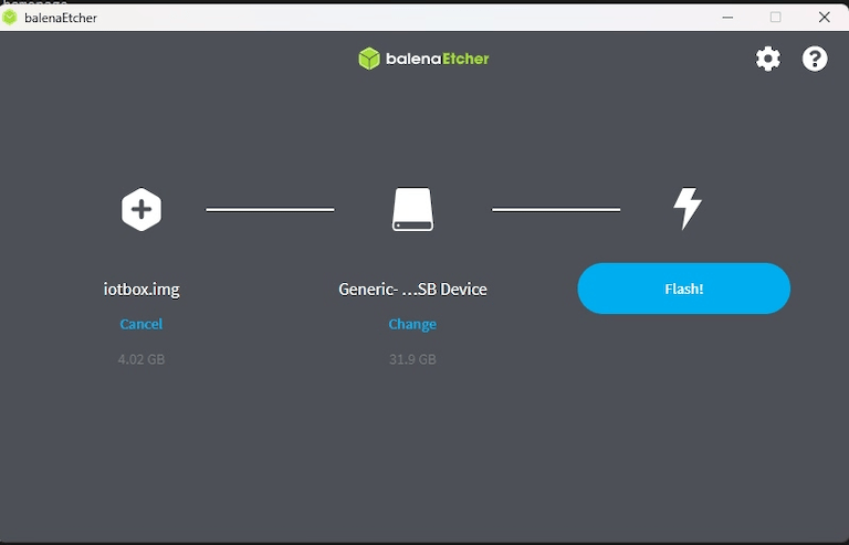 Balena's Etcher softwaredashboard.