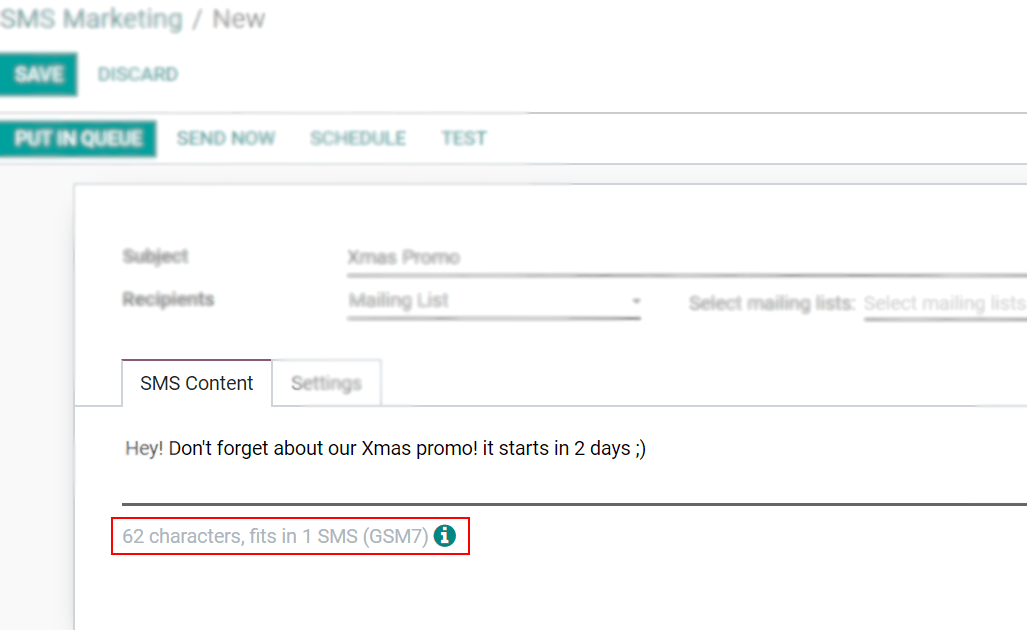 Aantal GSM7 tekens dat in een sms-bericht past in Odoo SMS-Marketing.