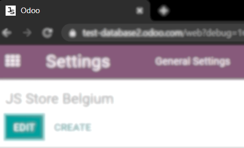 Weergave van een webbrower en de favicon voor een specifiek bedrijf gekozen in Odoo