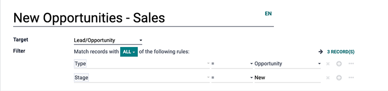 Een standaardscenario met filters in Odoo's Marketing Automation applicatie.