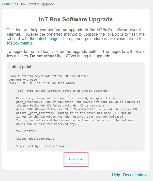 IoT box software-upgrade op de IoT Box Home Page.