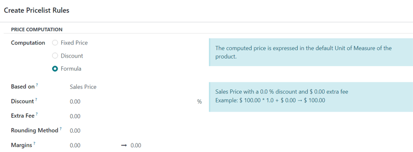 De verschillende formuleberekeningsopties in Odoo Sales.