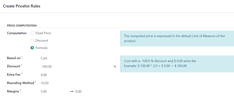 Hoe ziet het eruit om een opmaakkost te formuleren met een minimale marge van 5 dollar in Odoo Sales.