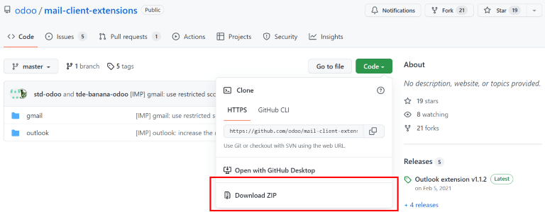 Download het ZIP-bestand van de Odoo GitHub repository voor Mail Plugins.