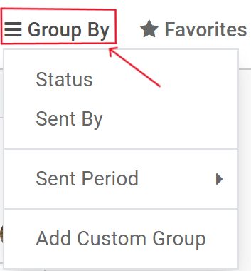 Weergave van het vervolgkeuzemenu Groeperen op in Odoo's E-mailmarketing applicatie.