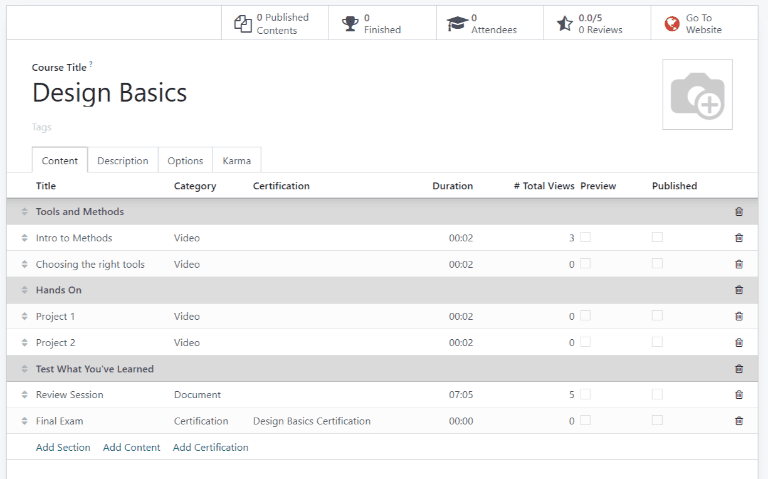 Weergave van een cursus die wordt gepubliceerd in Odoo Helpdesk.