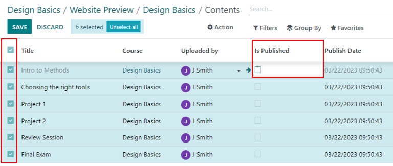 Weergave van een cursusinhoud die wordt gepubliceerd in de back-end van Odoo Helpdesk.