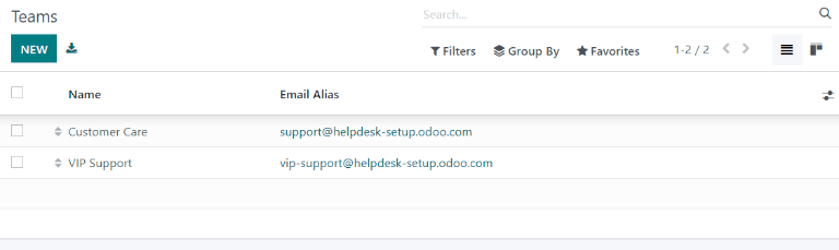Weergave van de Helpdeskteams pagina in Odoo Helpdesk