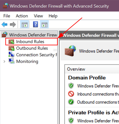 Het linkerdeelvenster van Windows Defender met de menuoptie Inkomende regels gemarkeerd.