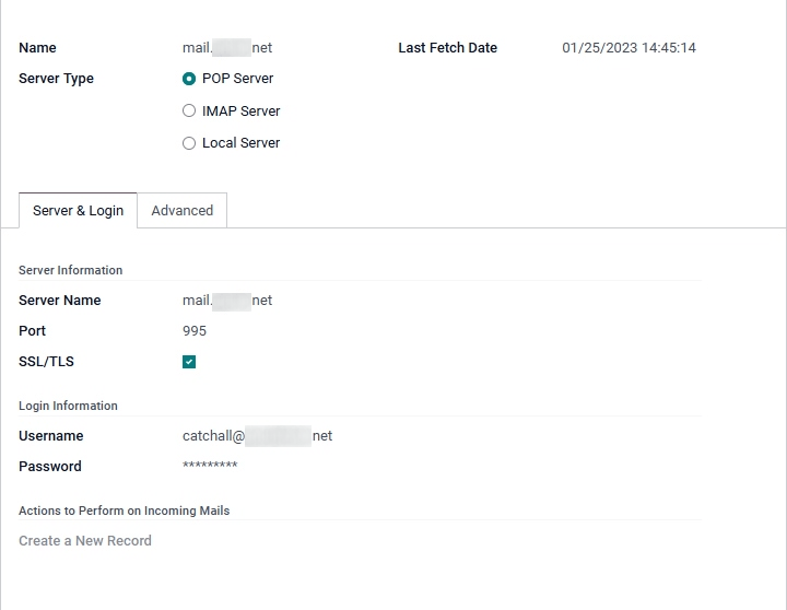 Configuratie van de inkomende e-mailserver in Odoo.