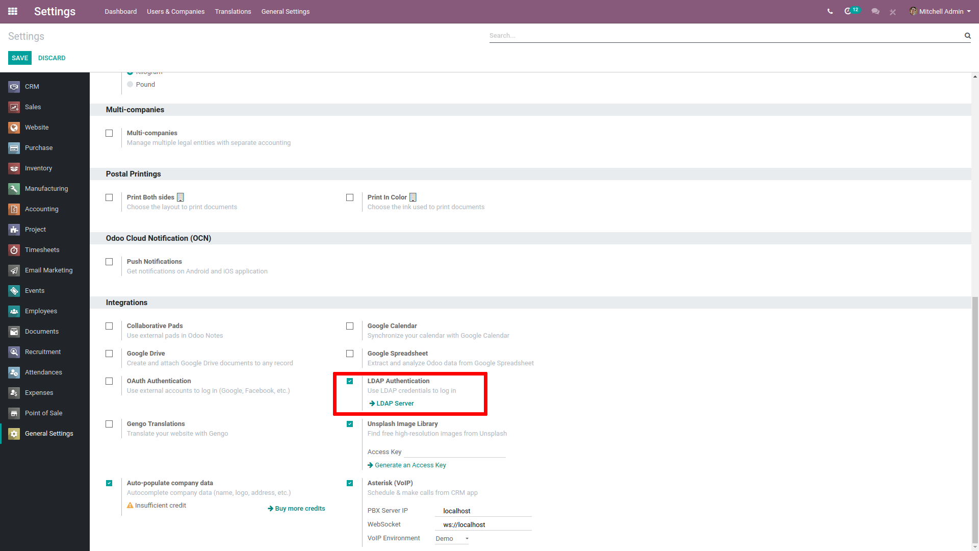 LDAP Authenticatie selectievakje gemarkeerd in de integratie-instellingen op Odoo.