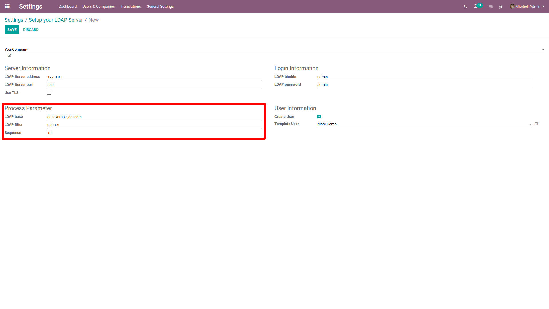 Procesparameter gemarkeerd in LDAP-serverinstellingen op Odoo.