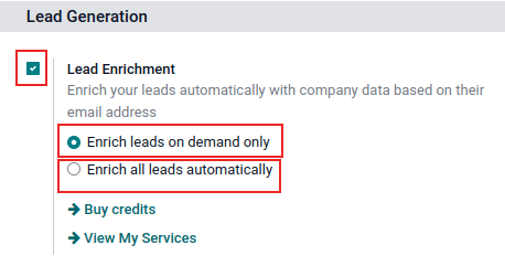 CRM-pagina met instellingen voor leadgeneratie, met activering van leadverrijking gemarkeerd en enrich alleen leads op aanvraag verrijken gekozen.