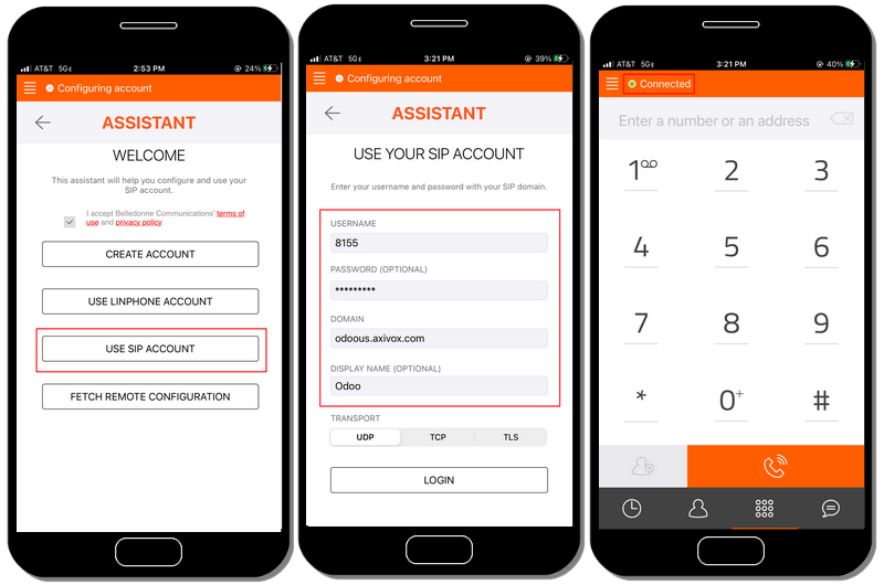 Linphone-account instellen, registratie succesvol.