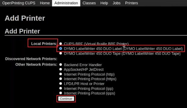 Een printerscherm toevoegen op OpenPrinting CUPS met DYMO LabelWriter 450 DUO Label gemarkeerd.