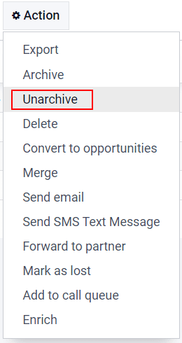Actieknop vanuit lijstweergave met de optie Unarchive benadrukt.