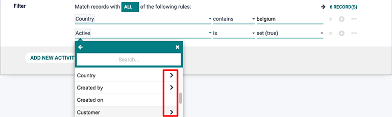 Het vervolgkeuzemenu met filters in de Marketing Automation applicatie.