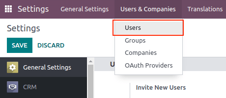 Gebruikers menu in de Gebruikers & Bedrijven sectie van de Instellingen app van Odoo.