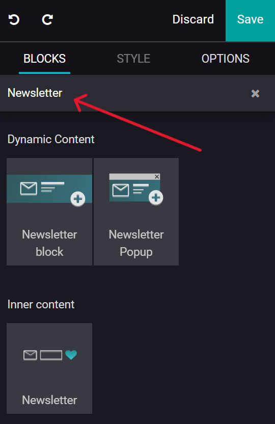 Weergave van hoe je snel kan zoeken naar de nieuwsbriefblokken in Odoo's Website applicatie.